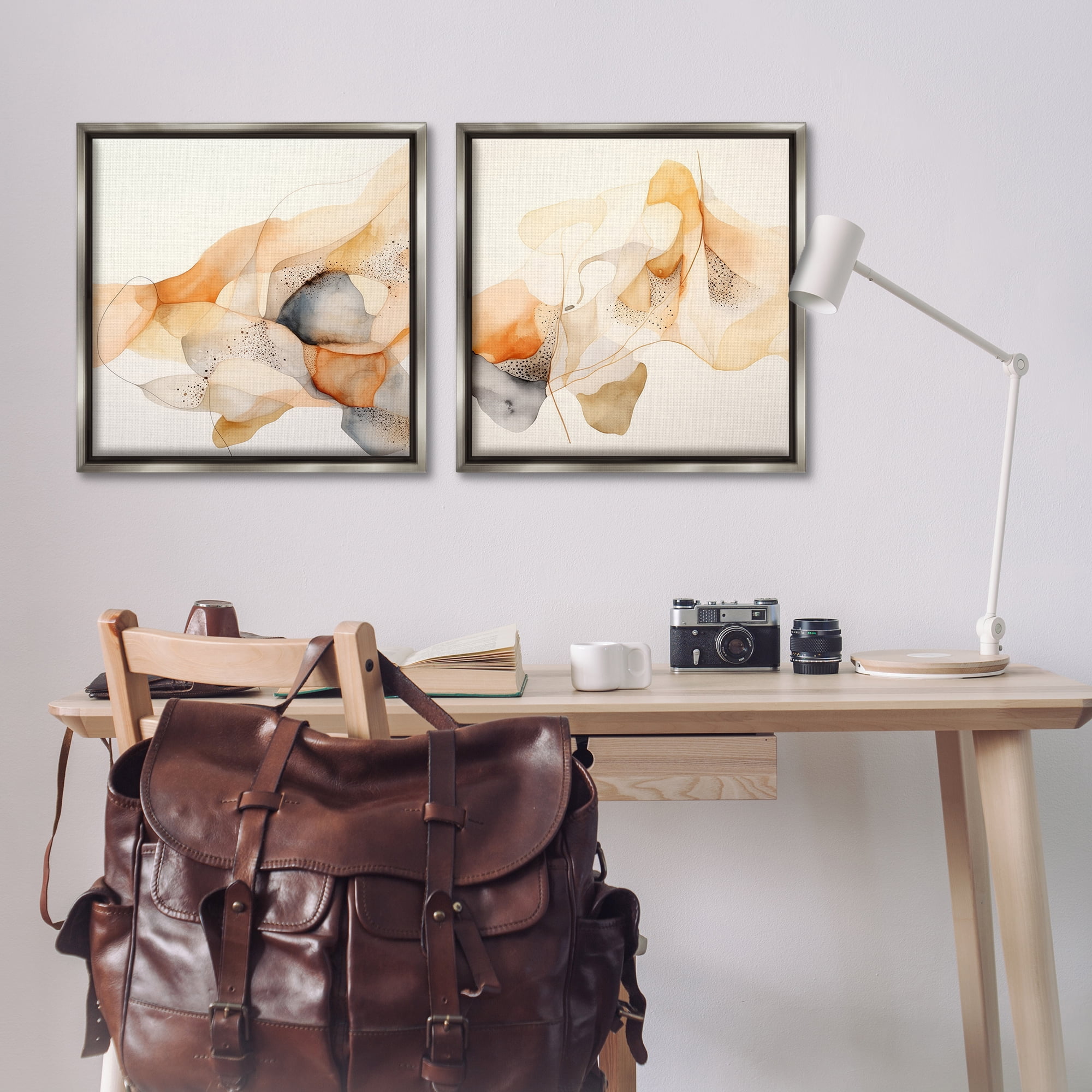 Stupell Industries Abstract Peach Watercolor Shapes Abstract Painting Gray Floater Framed Canvas Art Print Wall Art, 25 x 25, Set of 2
