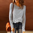 thumbnail image 2 of Camiseta de mujer de manga larga de poliéster a rayas con cuello redondo y botón para primavera y otoño, 2 of 6