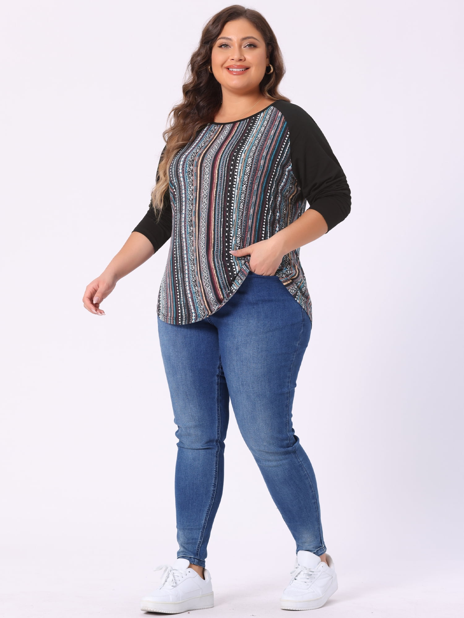 DARING DIVA Women's Plus Top Long Sleeve Relaxed Fit T-Shirt Blouse 1X Blue