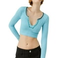 thumbnail image 3 of Listenwind Women Ribbed Knit Cropped Basic T-shirt Long Sleeve V Neck Contrast Color Skinny Pullover Tops 90s E-Girl Streetwear, 3 of 6