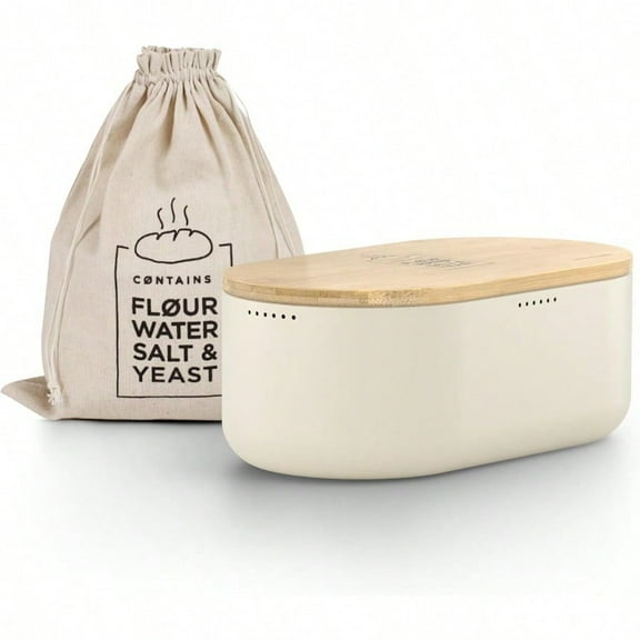 LARS NYSØM Bread Box I Metal Box with linen bag for long lasting freshness I Bread Bin with bamboo lid usable as cutting board I 14.2x7.5x5.1 In Almond
