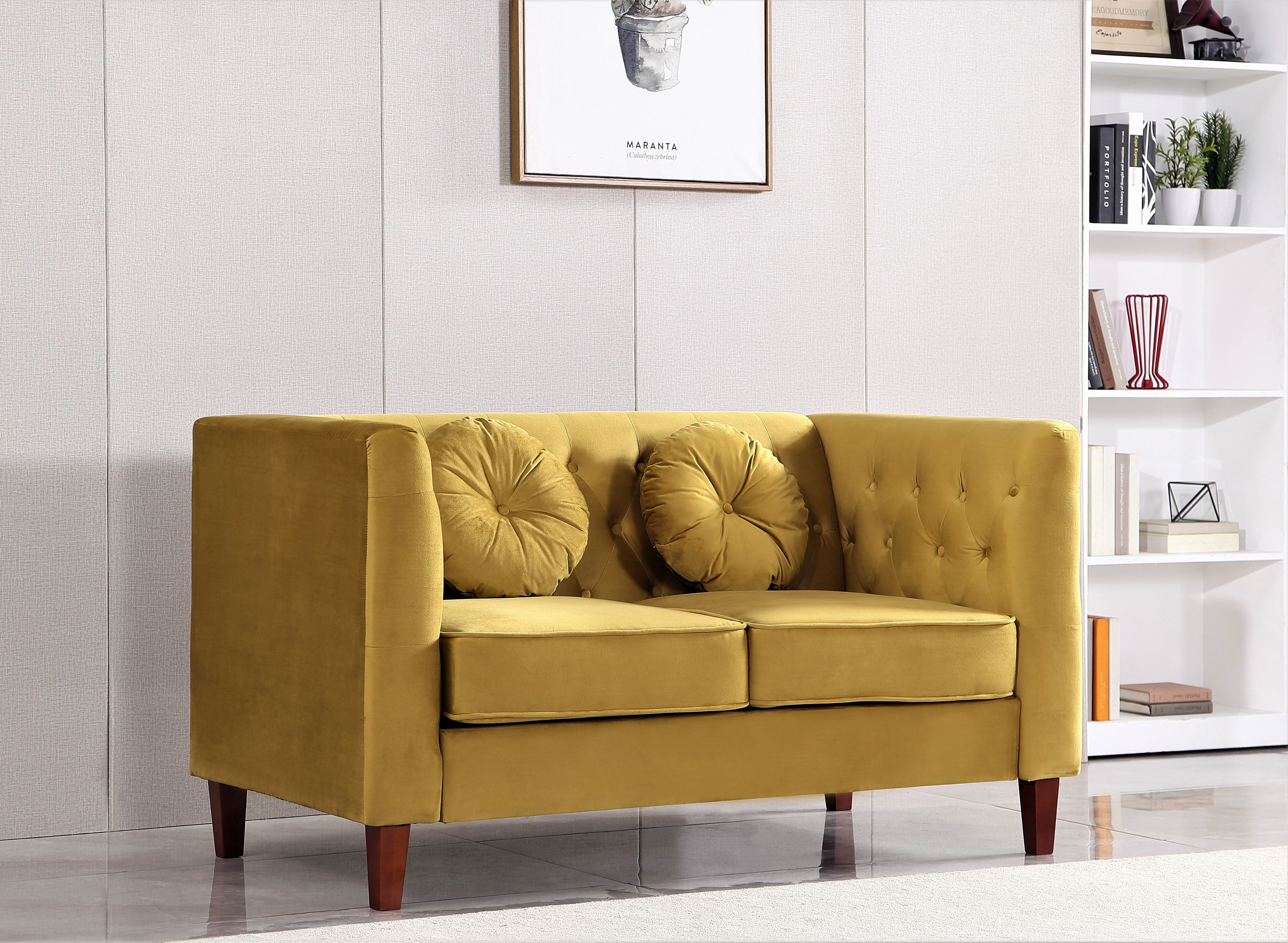 Uspridefurniture  Tufted Square Design Velvet Loveseat, Yellow