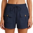 thumbnail image 3 of Rggeeun Women'S Shorts Solid Color Elastic High Waist Cargo Soft Mid-Rise Loose Fit Straight Leg With Side Plus Pockets & Adjustable Tie For Summer Baseball Elegant Hot Pants,Blue,L, 3 of 6