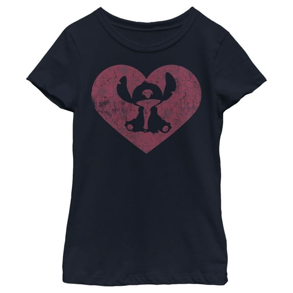Girl's Lilo & Stitch Valentine's Day Distressed Heart Graphic Tee Navy Blue Large