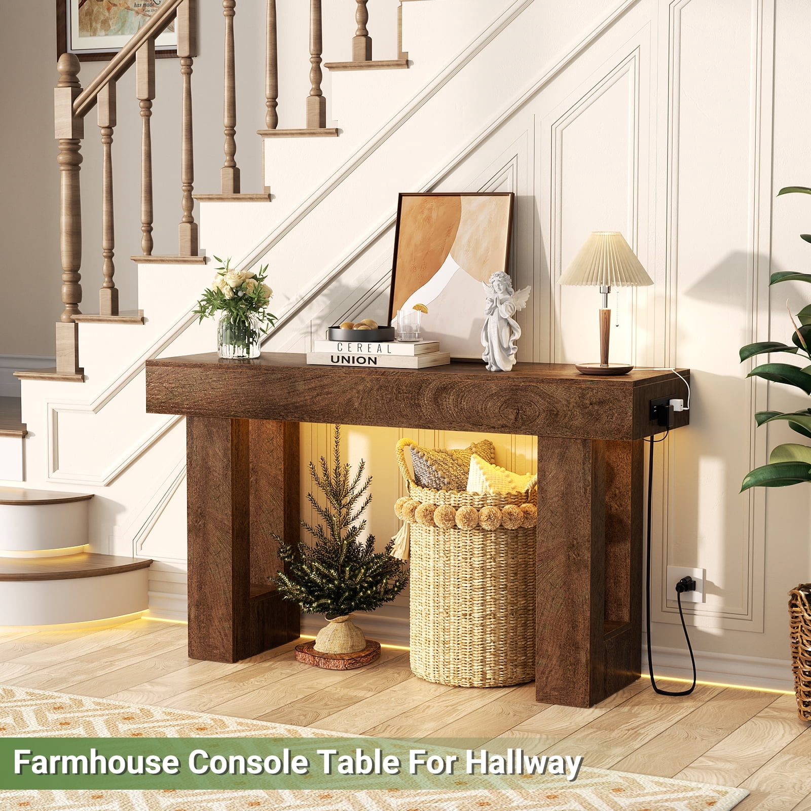 Homieasy 47" Console Table with Socket & Sensor Light, Narrow Entryway Table with Storage for Hallway/Living Room, Farmhouse Style in Rustic Oak