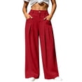 thumbnail image 3 of Women's Solid Cotton Winter Casual Pants, High Waist Elastic Waist Zipper Button Double Pocket Long Trousers, Soft All Season Daily Bottoms for Outdoor Seaside | TruHer,Red M, 3 of 8