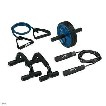 SPRI Home Gym Essentials Kit, Includes Jump Rope, Push-up Bars, Ab Wheel and Medium Resistance Tube