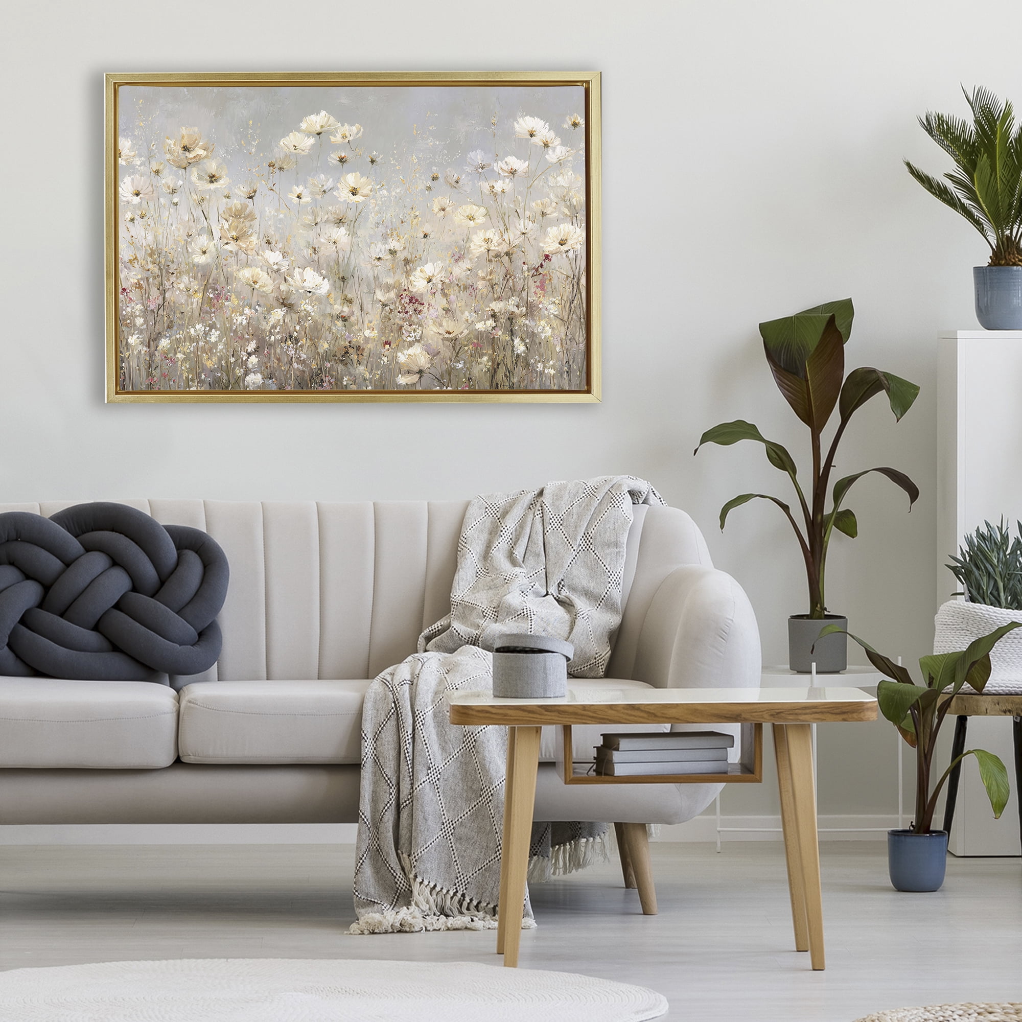 Stupell Industries White Daisy Clusters Meadow Gold Framed Floater Canvas Wall Art, design by Jacky Ngan