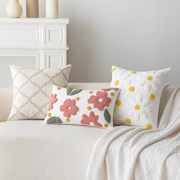 Flower Embroidered Throw Pillow Covers, Farmhouse Decorative Square Floral Accent Cushion Covers, Lumbar Pillow for Sofa Living Room Bedroom Home Decor Art 18 x 18 Inch