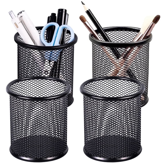 SAYEEC 4 Pack Round Metal Mesh Pen Holders, Durable Hollow Desk Organizers, Art Supply Storage Organizer for Office Home, Black
