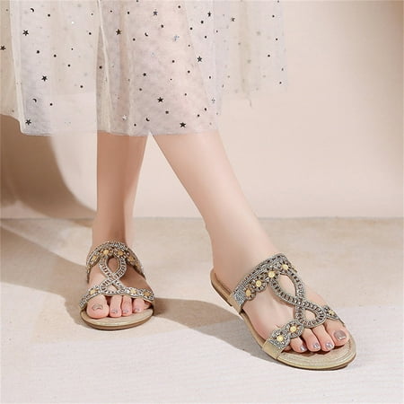 

ZHELIYO Women s sandals Spring And Summer Of 2023 New Bosomian Sandals Round Head Flat Sandals Women s Rhinestone Large Size Women s Sandals Gold 8.5