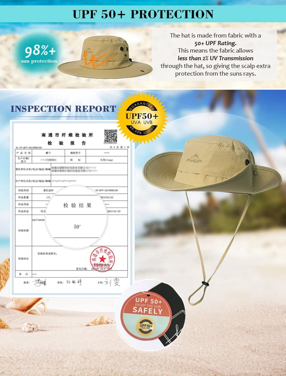 TOP-EX Oversize XL XXL Large Waterproof UPF 50+ Wide Brim Mens Sun Safari Fishing Hiking Hat with Chin Strap Khaki Large