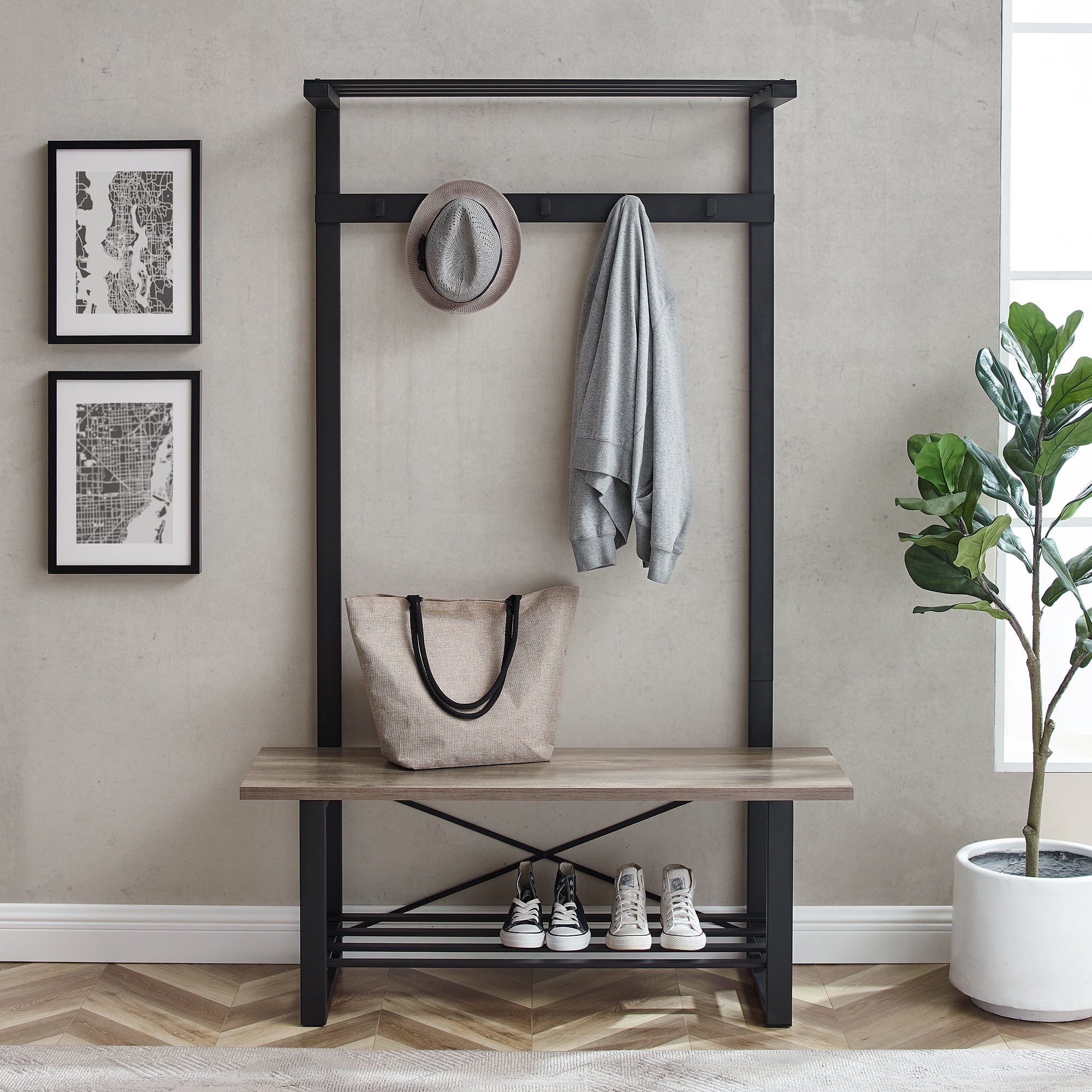 Manor Park Urban Hall Tree with Coat Hooks and Bench, Grey Wash