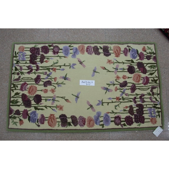 Hollyhock Floral Botanical Garden Summer Pink Green Purple Handcrafted Premium Decor Decoration Woven Area Rug