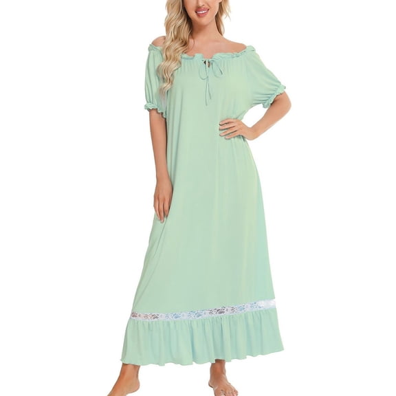 SWSMCLT Women's Short Sleeve Victorian Nightgown Comfy Falbala Calf Length Night Gown Vintage Princess Pajamas Cute Sleeping Ruffle Green Medium