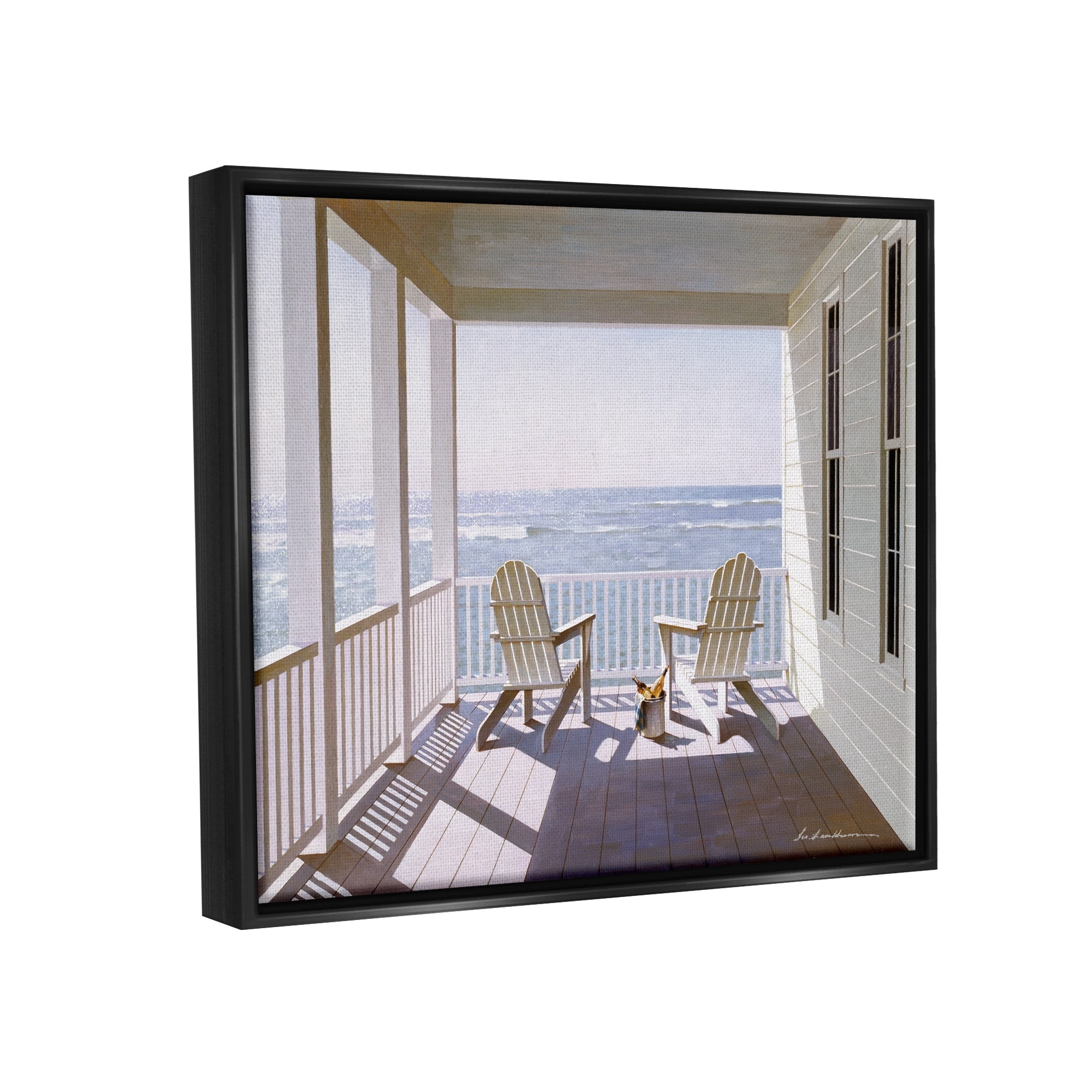 Stupell Industries Porch Chairs Overlooking the Tide Realistic Painting Jet Black Framed Floating Canvas Wall Art, 16x20, by Zhen-Huan Lu