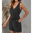 thumbnail image 3 of Mameluco de verano para mujer, cuello en V, cintura con cinturón, botón frontal, sin mangas, monos de Color puro, 3 of 6