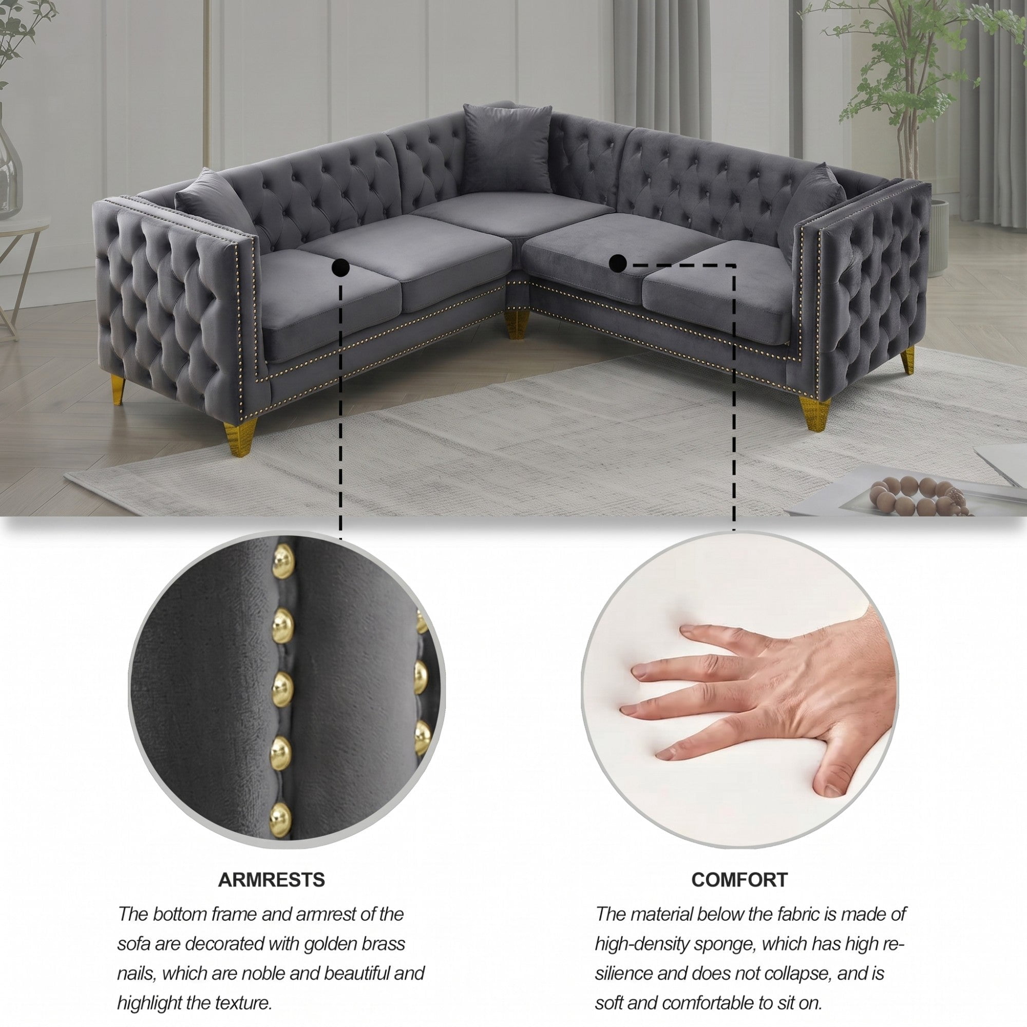 Sailvan 82.2" Velvet L-Shaped Sectional Sofa, Classic Chesterfield Corner Couch with Nailhead Trim and Button Tufting for Living Room, Beige Gray