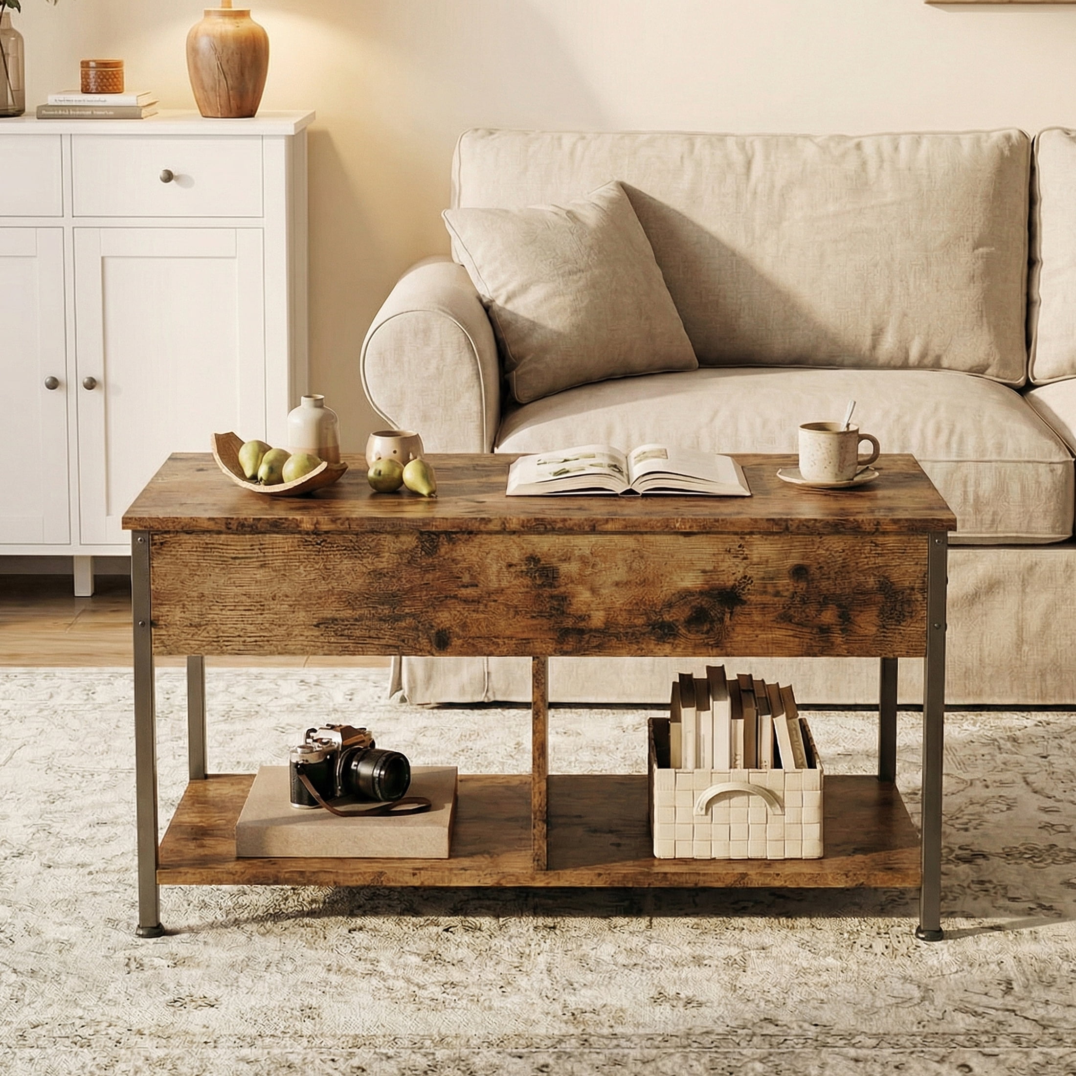 EDX Lift-Top Coffee Table, Adjustable Height Convertible Center Table with Storage, for Living Room, Rustic Brown