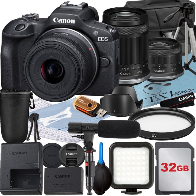 Canon EOS R100 Mirrorless Camera with RF-S 18-45mm + 18-150mm Lens + 32GB Memory Card + Case + LED Flash + ZeeTech Accessory Bundle