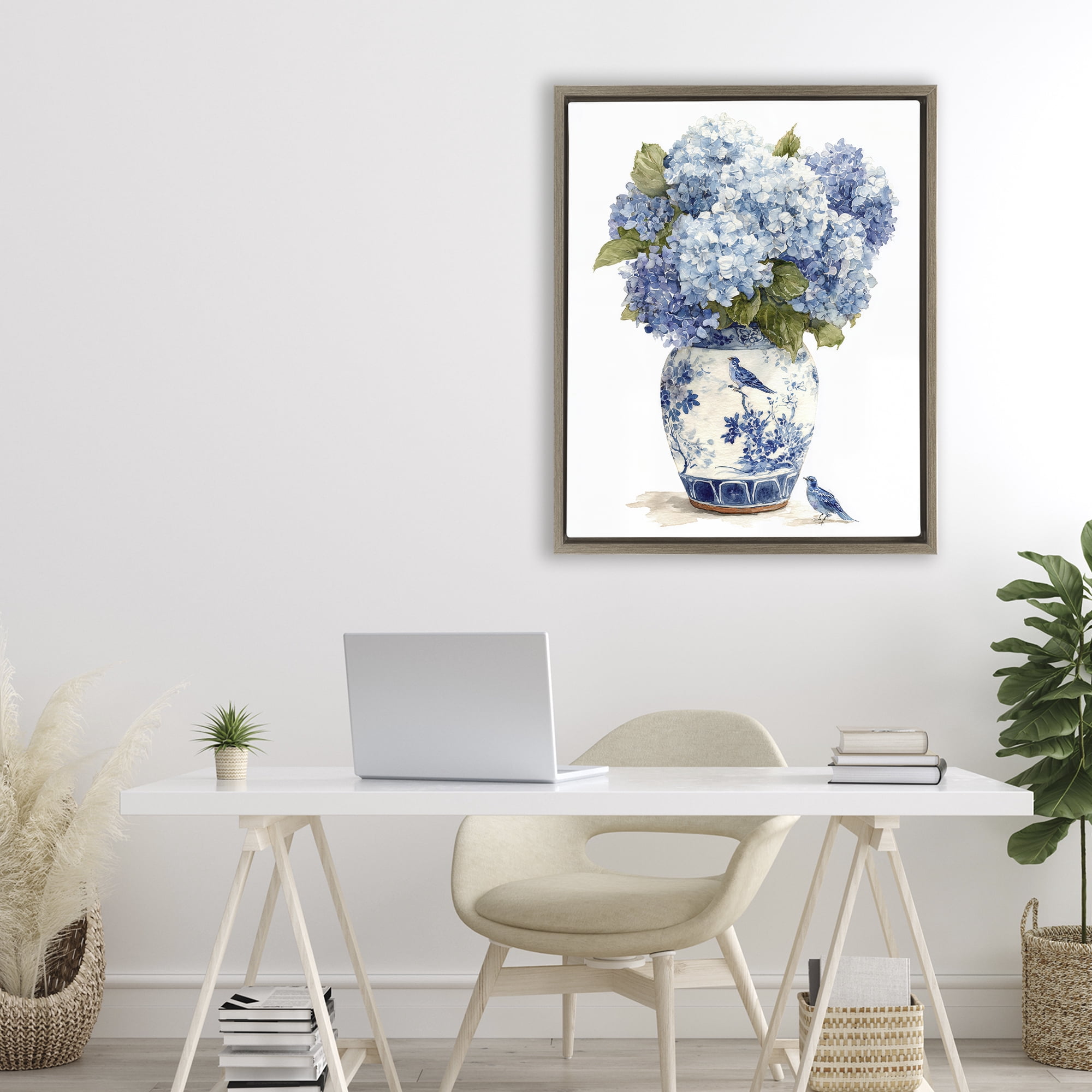 Stupell Industries Blue Bird & Hydrangea Vase Brown Framed Floater Canvas Wall Art, design by Imagine It Images
