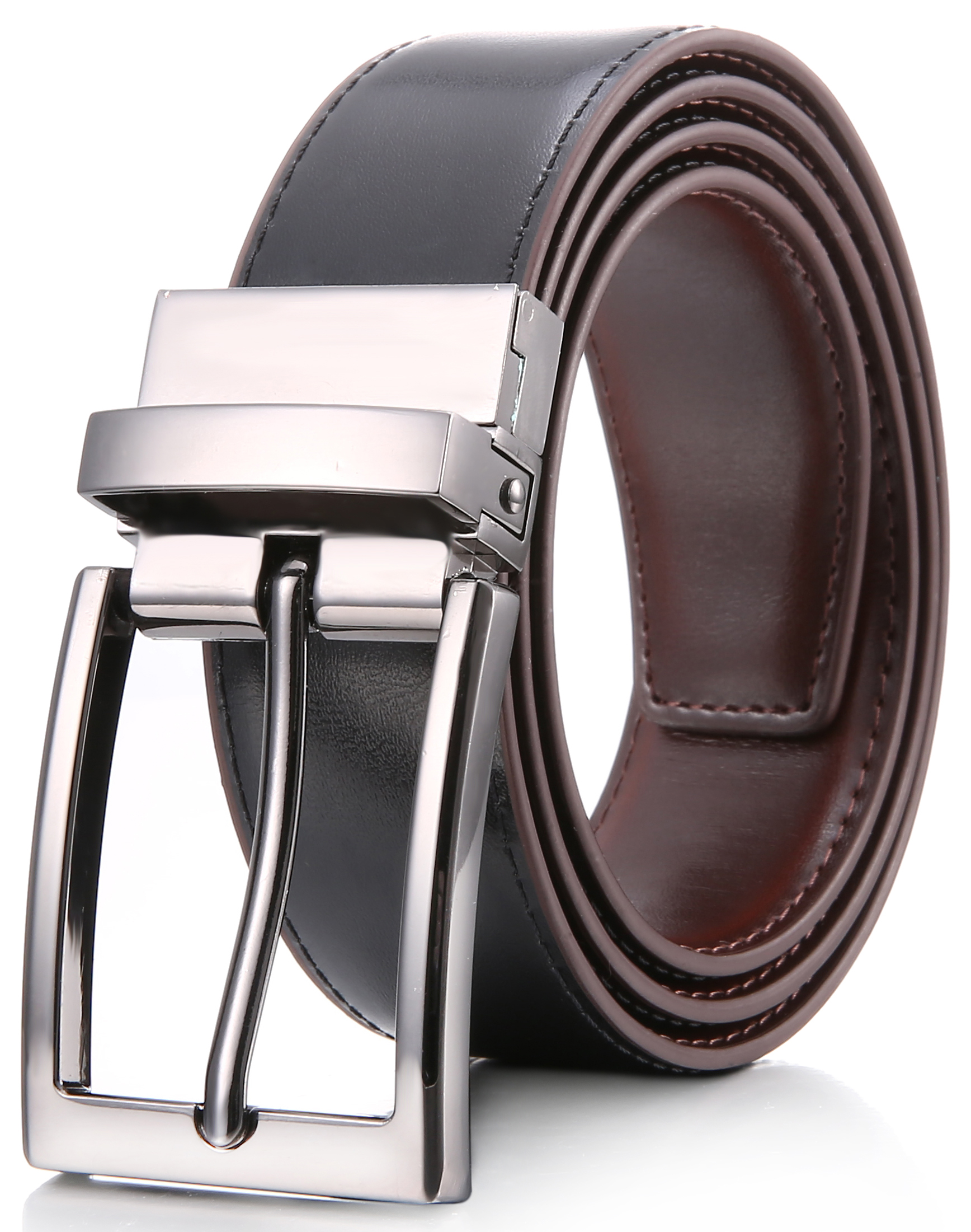 MROYALE Men's Reversible Leather Belt | 1.25” Waist Strap Silver Buckle | 2-in-1 Design