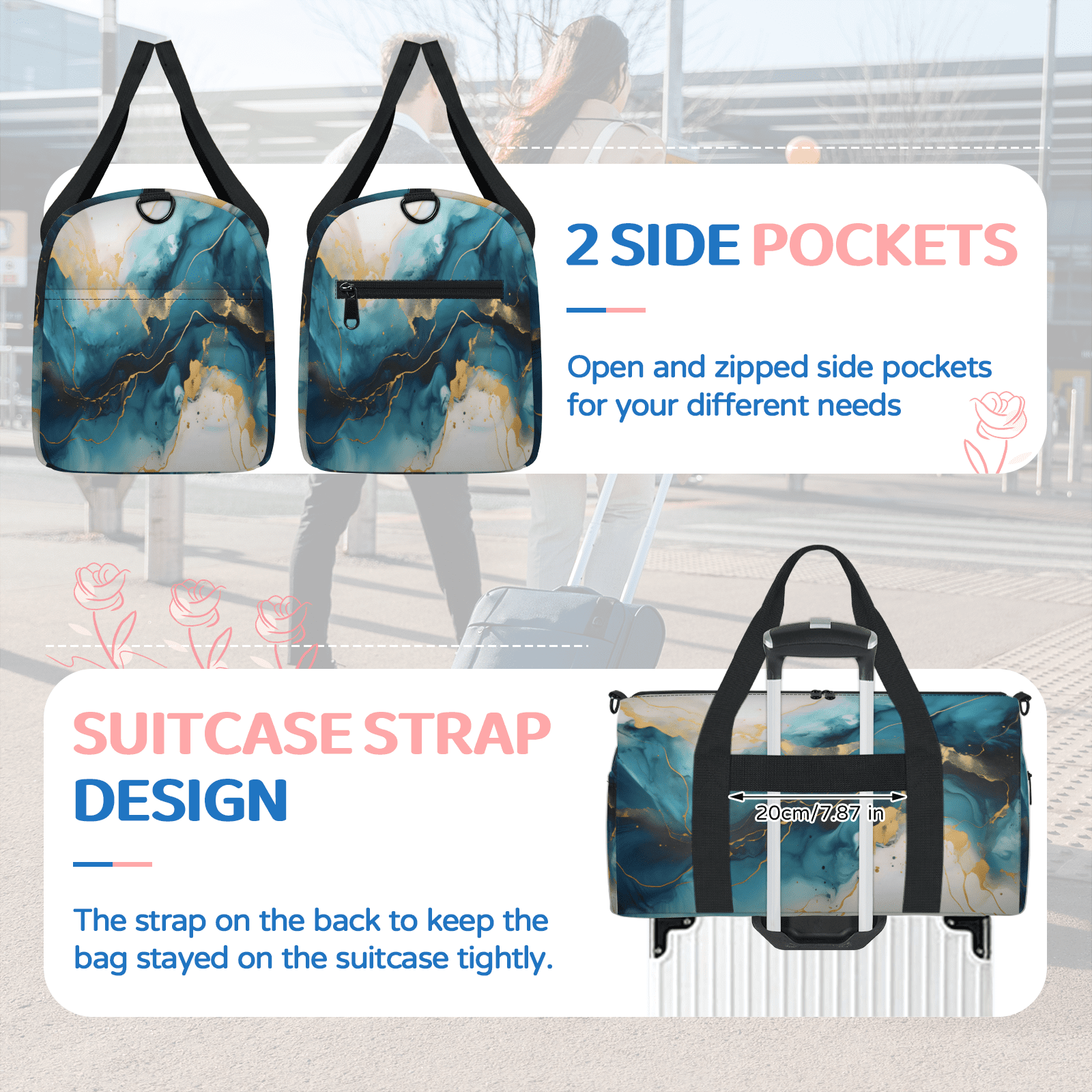 Herdesigns Dark Blue Marble Gym Bag for Women, Duffle Bag for Travel Sport, Lightweight Waterproof Carry on Weekender Overnight Dance Yoga Workout Bags