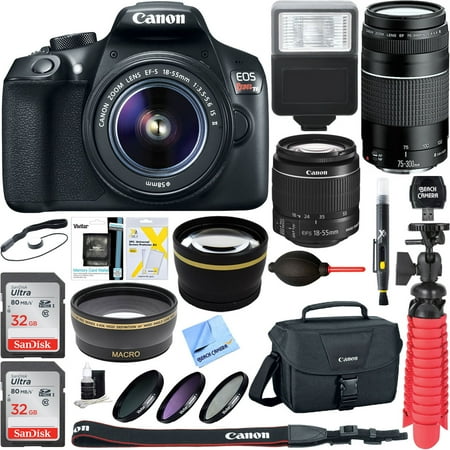 Canon EOS Rebel T6 Digital SLR Camera w/ EF-S 18-55mm IS + EF-S 75-300mm Lens Bundle includes Camera, Lenses, Bag, Filter Kit, Memory Card, Tripod, Flash, Cleaning Kit, Beach Camera Cloth and More