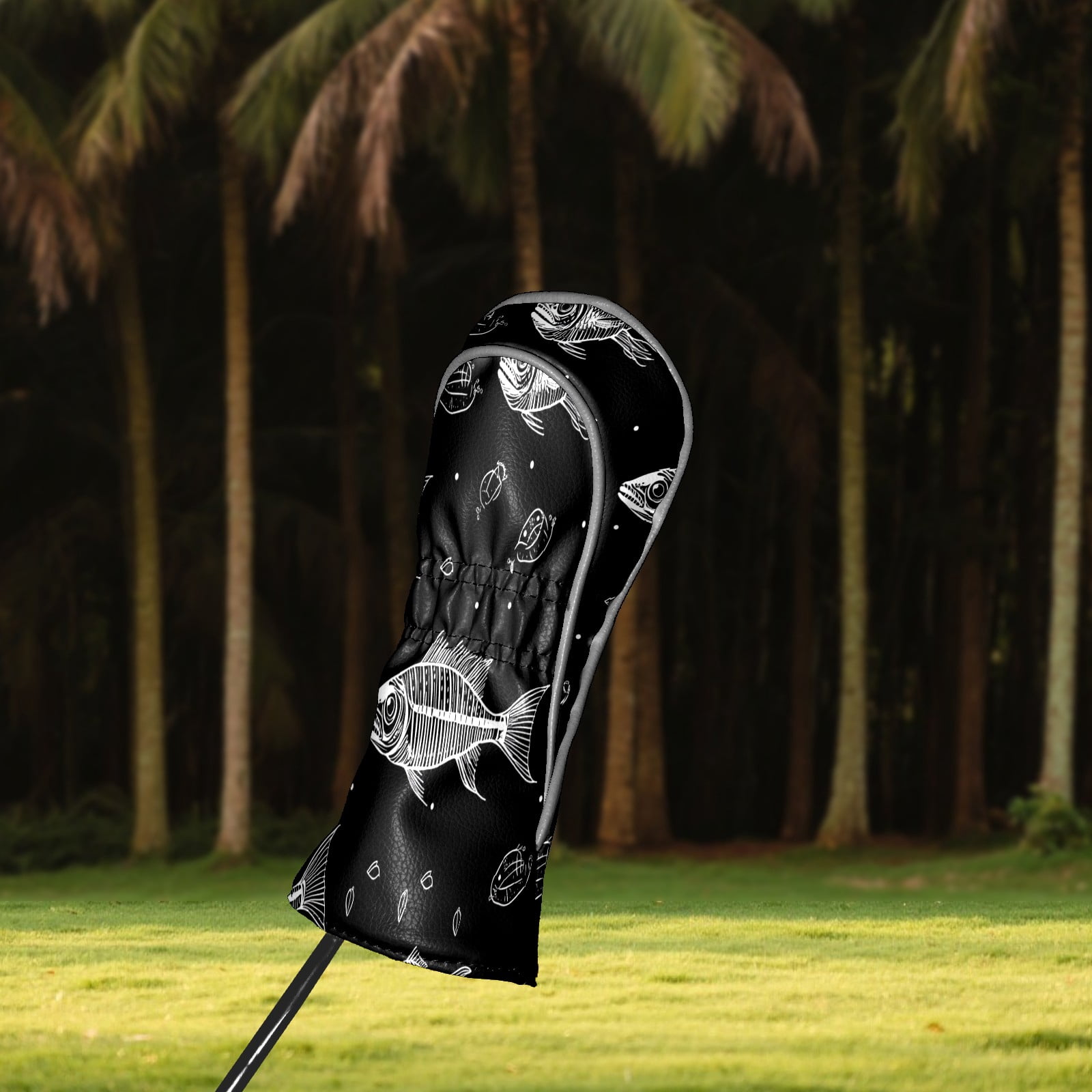 Golf Club Covers PU Leather Waterproof Head Covers for Fairway Woods Hybrids Cartoon Fish Bones