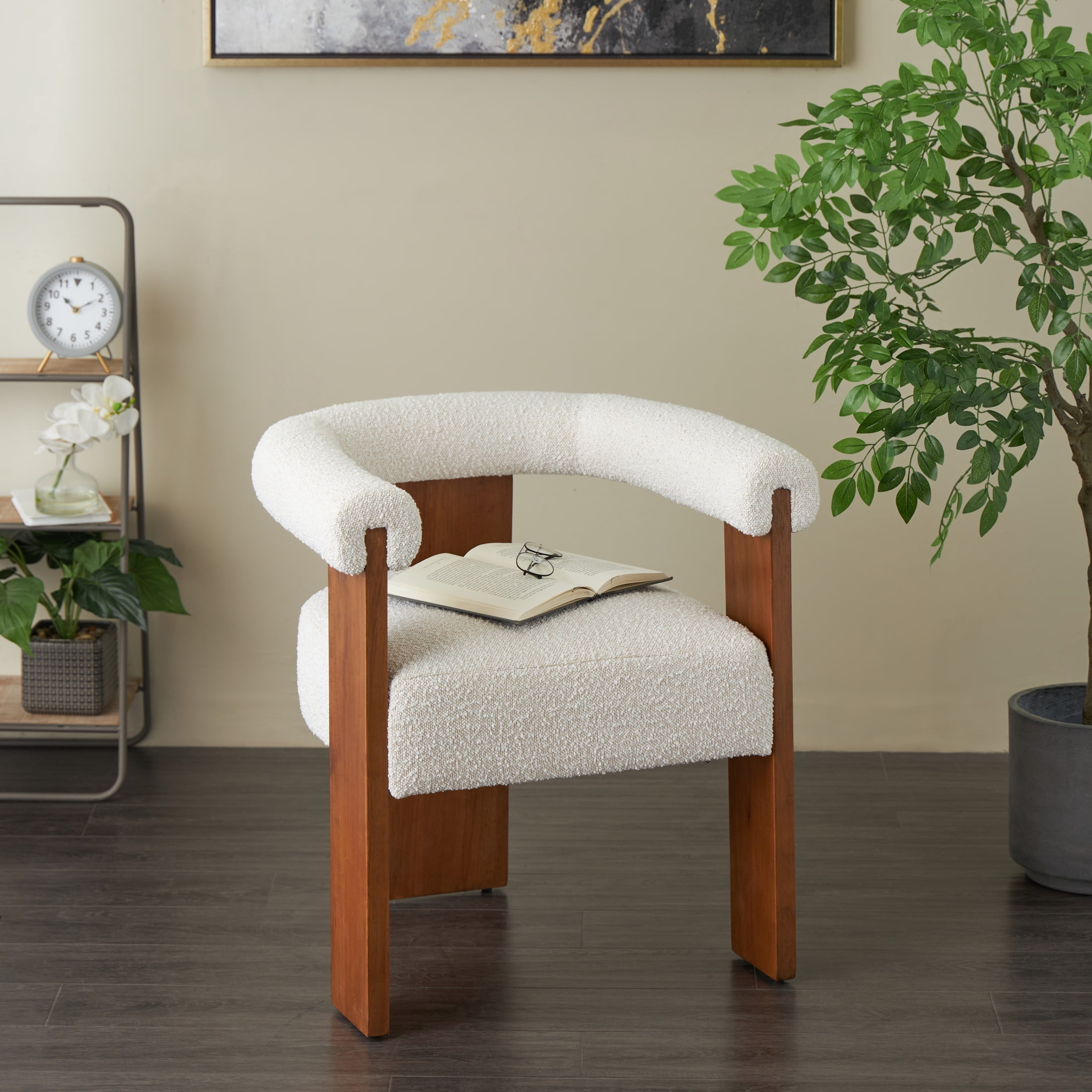 DecMode Polyester Curved Back Mid Century Modern Round Boucle Lounge Chair with Brown Wood Frame, Cream