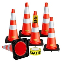 CAMMOO 6 Pack 28" PVC Safety Traffic Cones with Black Base, Road Parking Cone with Reflective Collar&Extra Caution Tape for Construction & Traffic Control