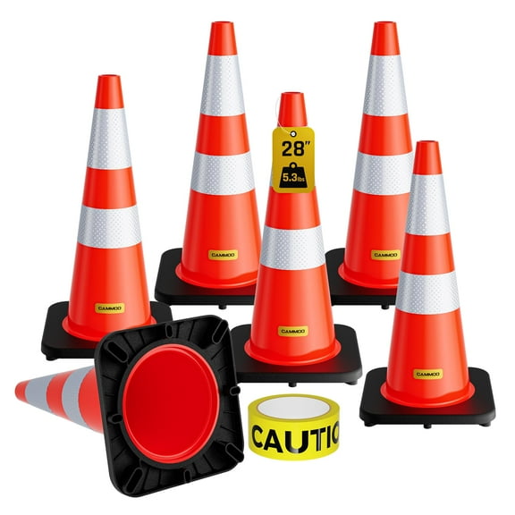 CAMMOO 6 Pack 28" PVC Safety Traffic Cones with Black Base, Road Parking Cone with Reflective Collar&Extra Caution Tape for Construction & Traffic Control