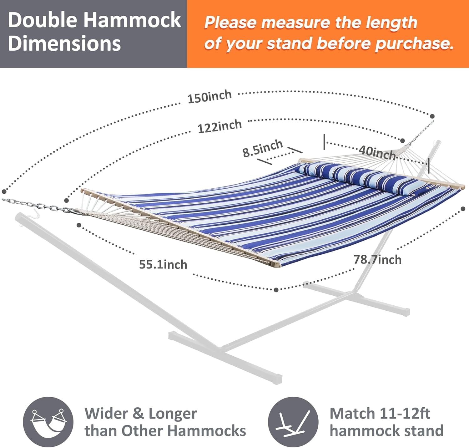 SUNCREAT Quilted Fabric Hammock, Max 475lbs Capacity, Blue Stripes（Stand Is Not Include）
