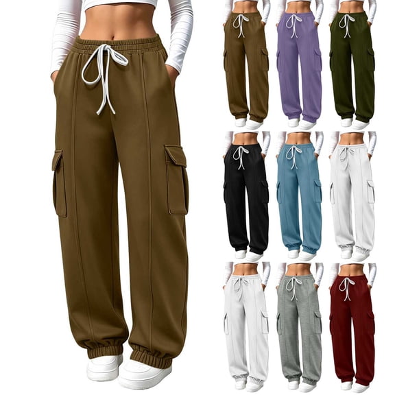 Dzrciro Cargo Pants for Women, Drawstring Elastic Waist Trousers with Side Pockets, Lightweight Athletic Baggy Pants S-2XL