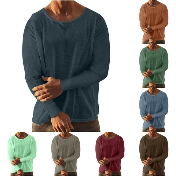 Drindf Long Sleeve T Shirts for Men Big and Tall Cotton Linen Shirt Casual Round Neck Tshirts Lightweight Solid Color Pullover Tops Loose Fits Basic Shirt