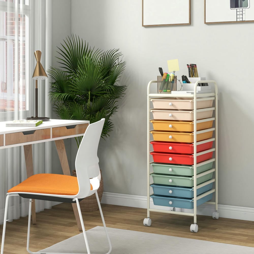 Spaco 10 Drawer Rolling Storage Cart Organizer with 4 Universal Casters-Macaron Multicolor, Craft Organizers and Storage, Multipurpose Organizer Cart for Home, Office, School