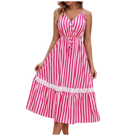 Henpk Summer Dresses for Women Striped T Shirt Dress Casual Midi Dress Short Sleeve Sundress with Pockets Fashion Stripe Sling Slim V-Neck Dress Pink M