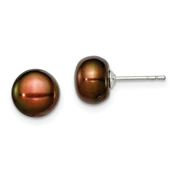 Primal Silver Sterling Silver Rhodium-plated 8-9mm Brown Freshwater Cultured Button Pearl Stud Earrings