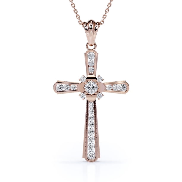 Collar con Colgante de Cruz JeenMata de diamantes, 4 corazones de 0,25 TCW, baño de oro rosa de 18 K sobre plata