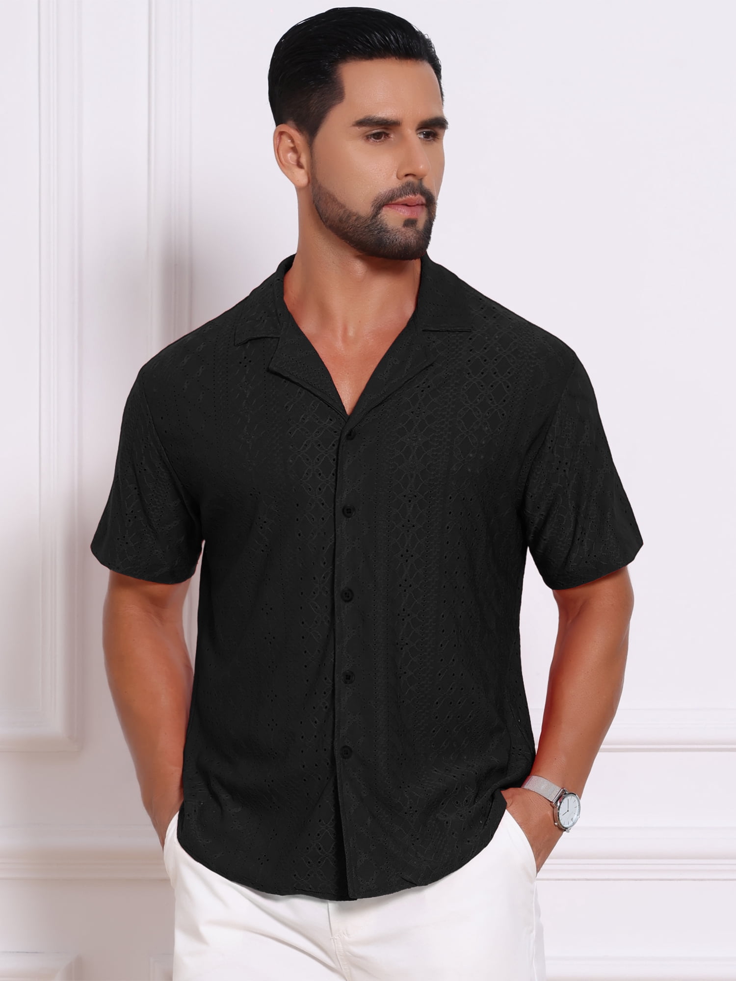 DARING DIVA Men's Hollow Texture Knit Short Sleeve Camp Collar Shirt 2XL Black