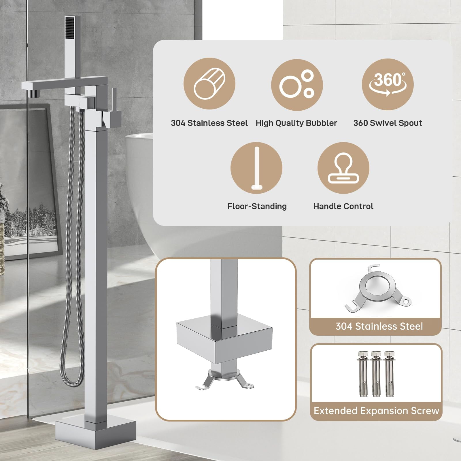 Chrome Freestanding Bathtub Faucet, Floor Mount Tub Filler,Standing Tub Faucet,Single Handle Brass Tap with Handheld Shower and Swivel Mixer Spout