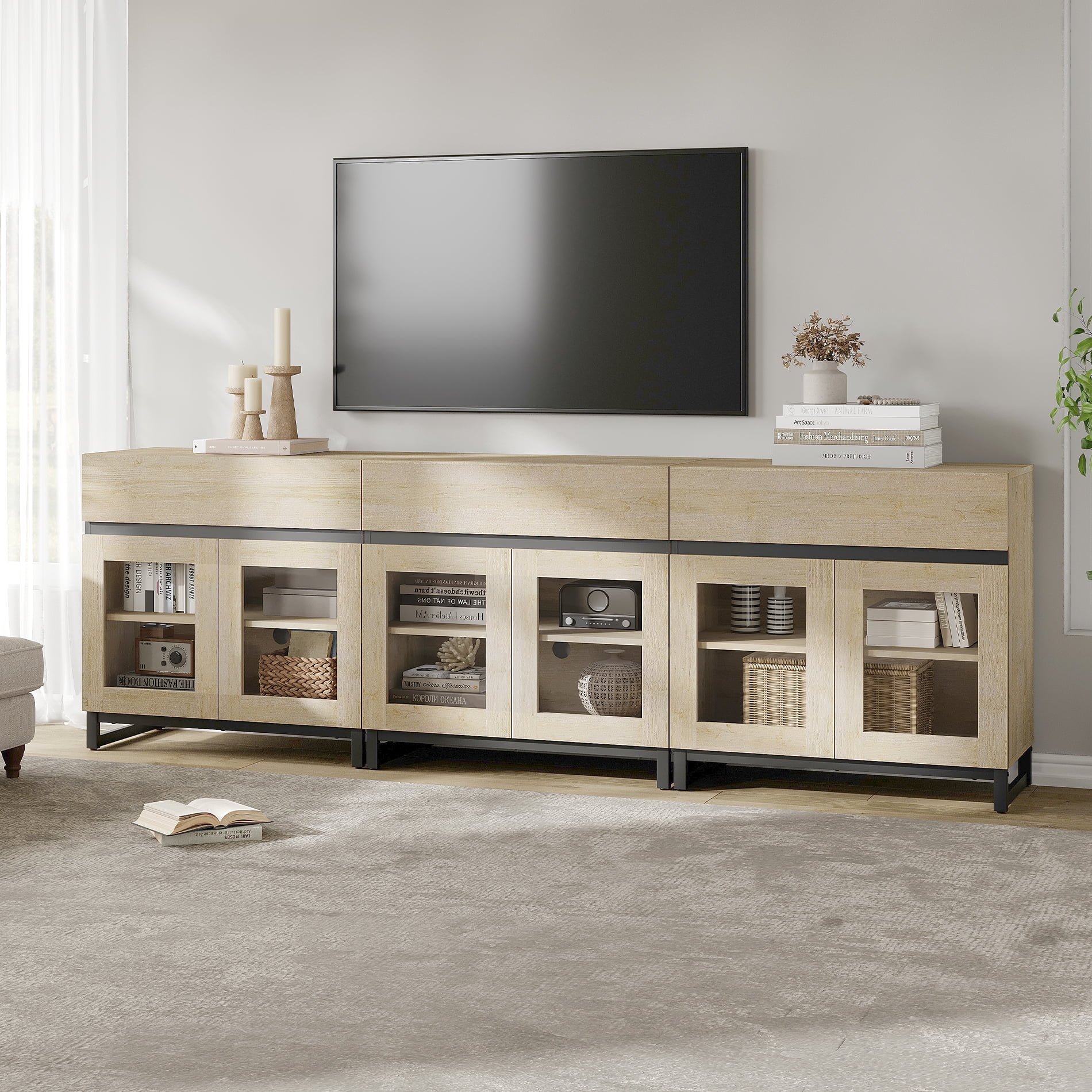 WAMPAT 3-in-1 Modern TV Stand with Glass Doors & 3 Drawers, Metal Base Entertainment Center for 110 Inch TVs, Media Console for Living Room & Bedroom