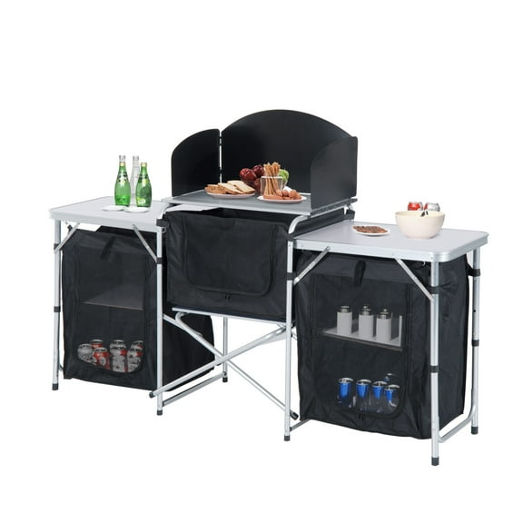 Portable Camping Kitchen Table with Windscreen - Foldable Outdoor Cooking Station with 3 Cupboards - BBQ, Picnics, Backyard Colorful   Aluminum
