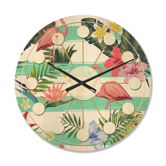 Designart 'Tropical Botanicals, Flamingo and Flowers' Mid-Century Modern Wood Wall Clock