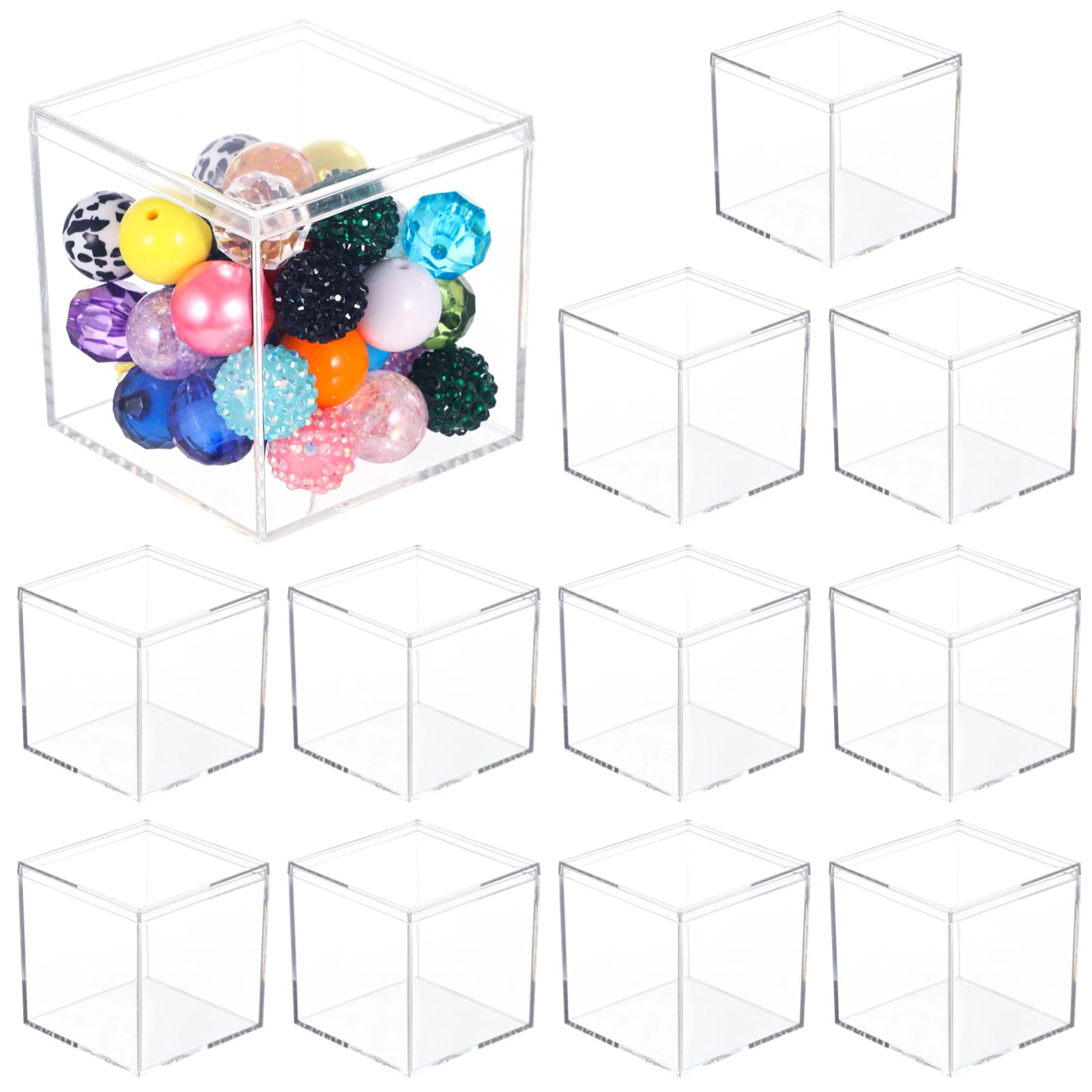 12 Pcs Clear Acrylic Boxes, Small Clear Boxes with Lids, 3×3×3" Plastic Square Cube, Square Display Box, Clear Container Boxes for Candy Pill Earring Jewelry Tiny Beads