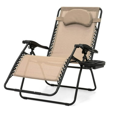 Oversized Folding Outdoor Patio Lounge Recliner, Zero Gravity Extra-Wide Chair w/Cup Holder Accessory Tray and Removable Pillow - Beige