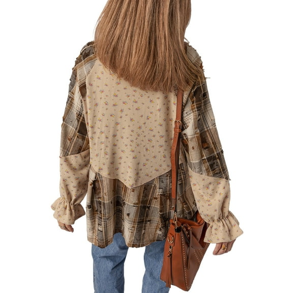 Women's Oatmeal Boho Floral Plaid Shacket – Waffle Knit Patchwork with Ruffled Sleeves for Daily Casual Wear | L