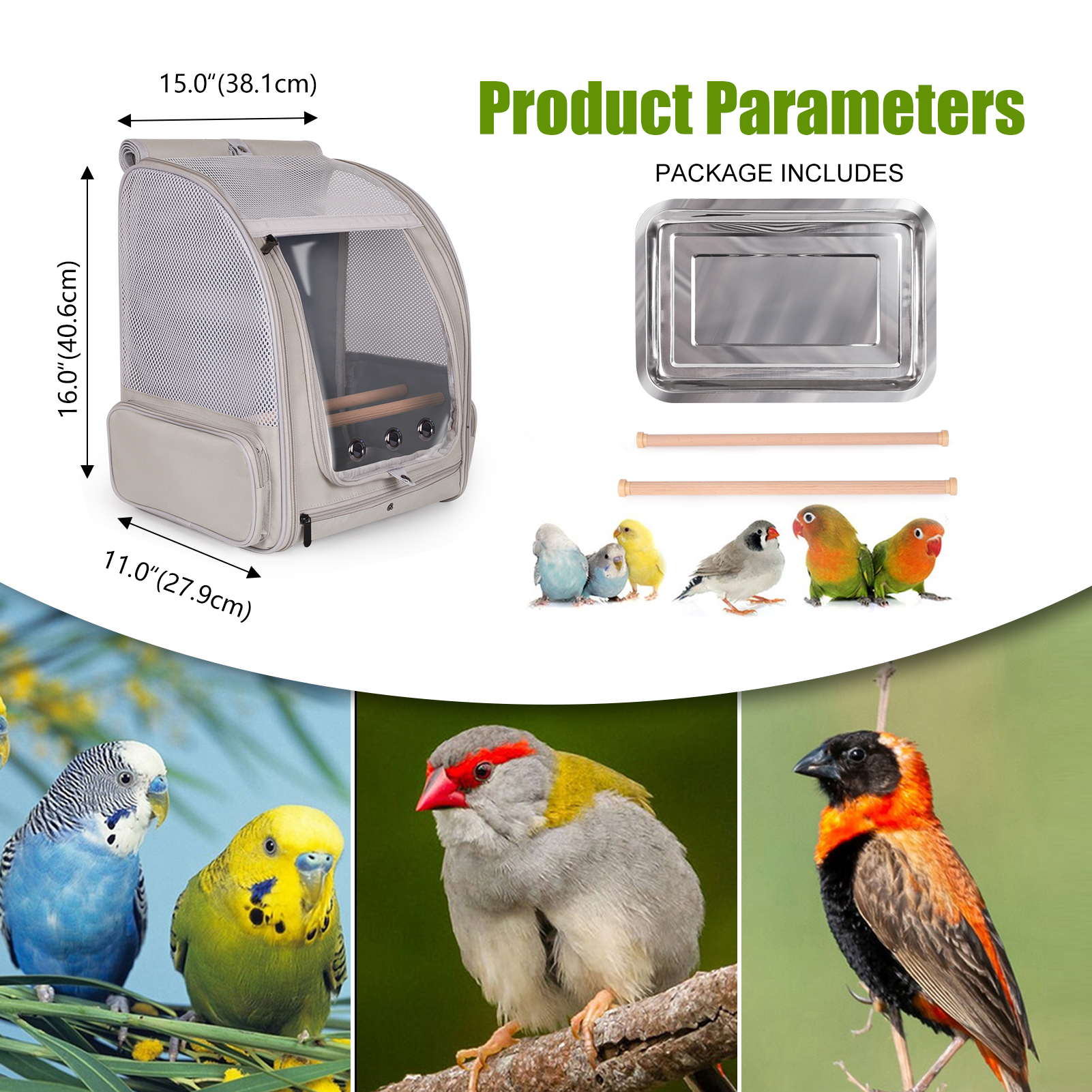 halinfer Bird Carrier Backpack, Pet Travel Cage with Standing Perches, Breathable Portable Transport Carrier for Parakeet, Budgie, Conure, Cockatiel, Small Parrot