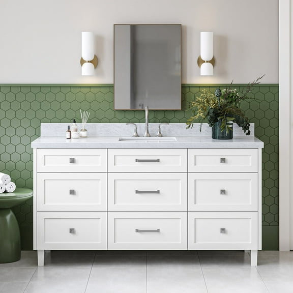 Ariel Monroe 67 Inch Single Rectangular Sink Bathroom Vanity With Italian Carrara Marble Countertop 1.5 inch Edge In White