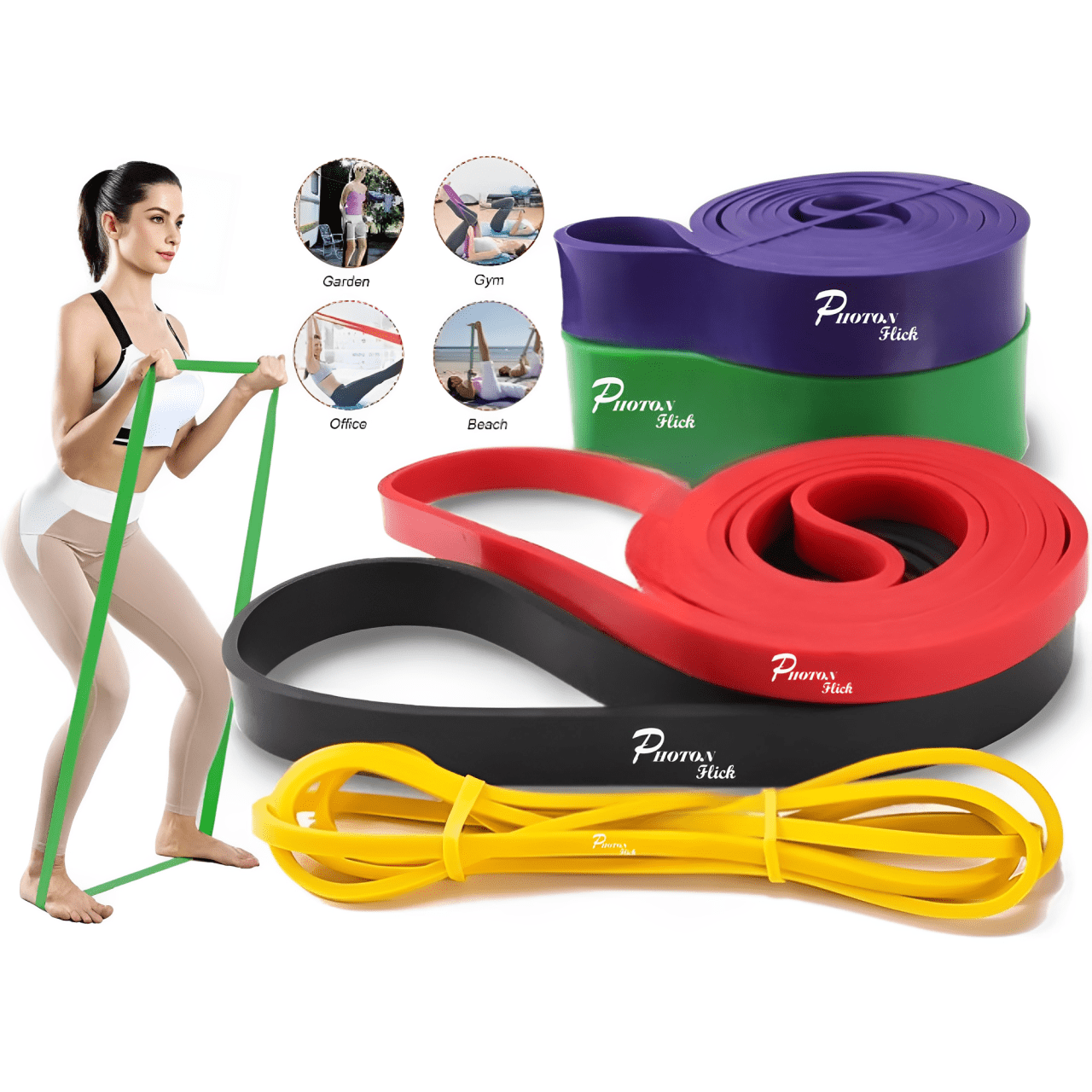 Photon Flick Heavy-Duty Resistance Bands – 5 Strength Levels for Men & Women, Natural Latex, Ideal for Home Workouts, Stretching, and Muscle Toning.